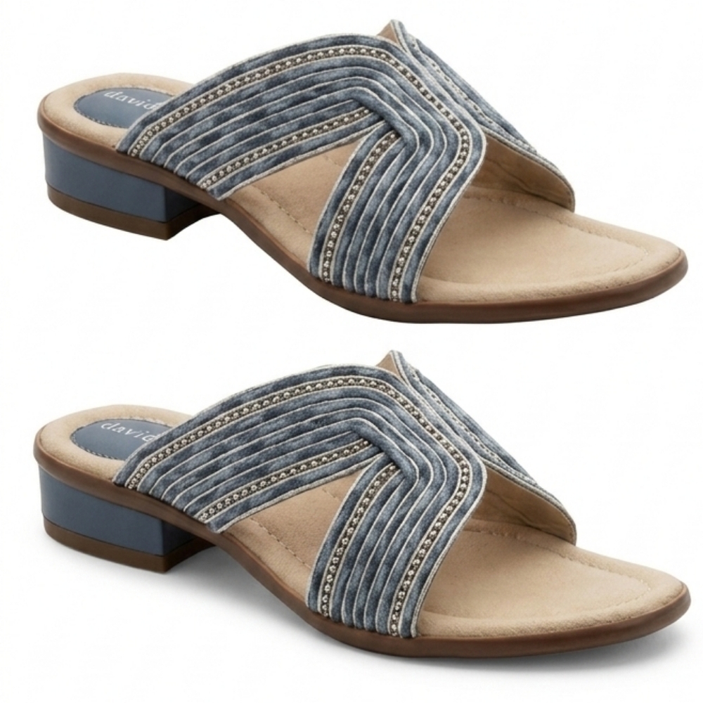 NIB David Tate Thrill Sandals Denim Blue Silver Corded Slide Heels 10.5 M